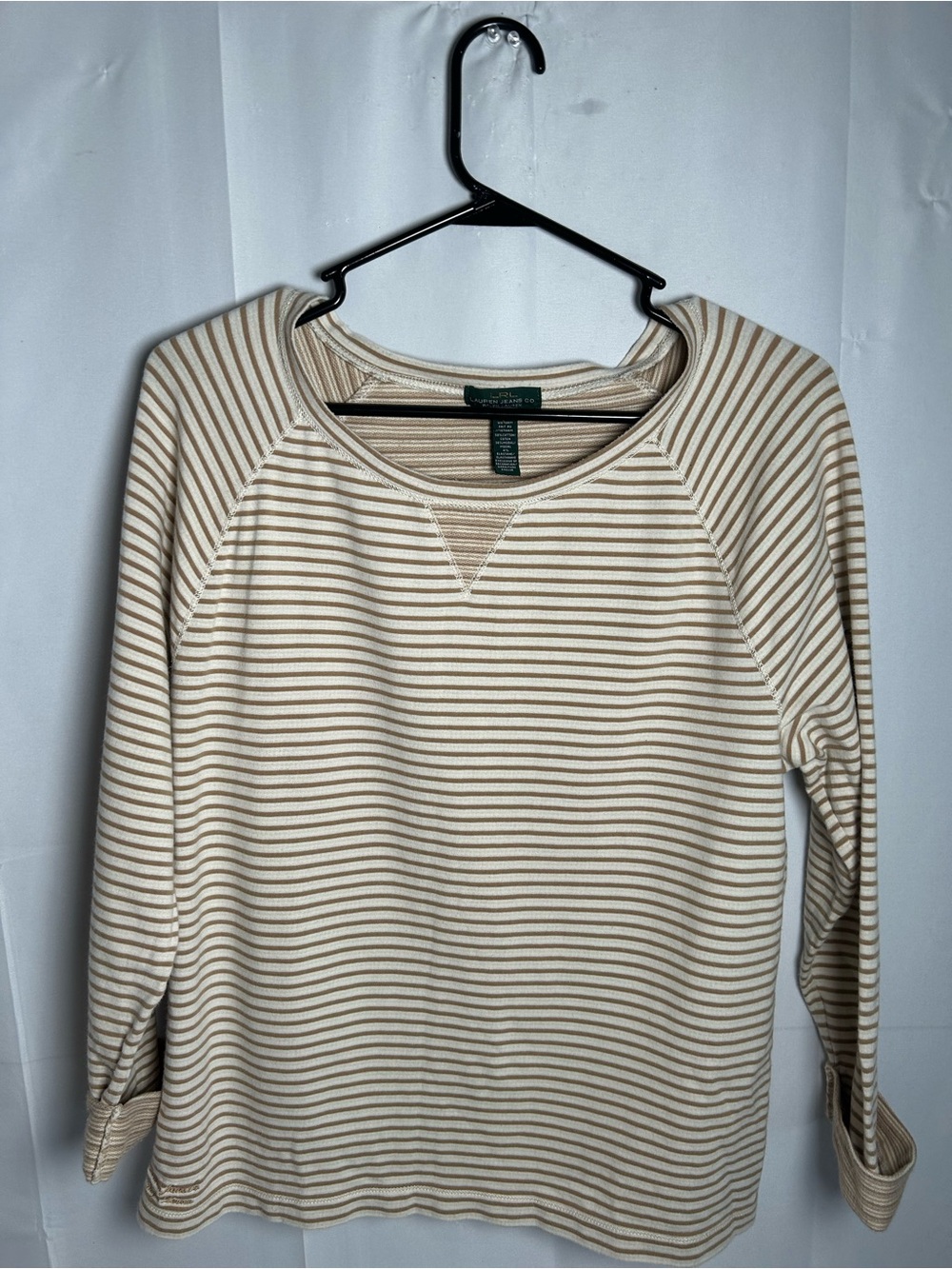 Striped Long-Sleeve Crewneck Top in Beige and Cream very good condition